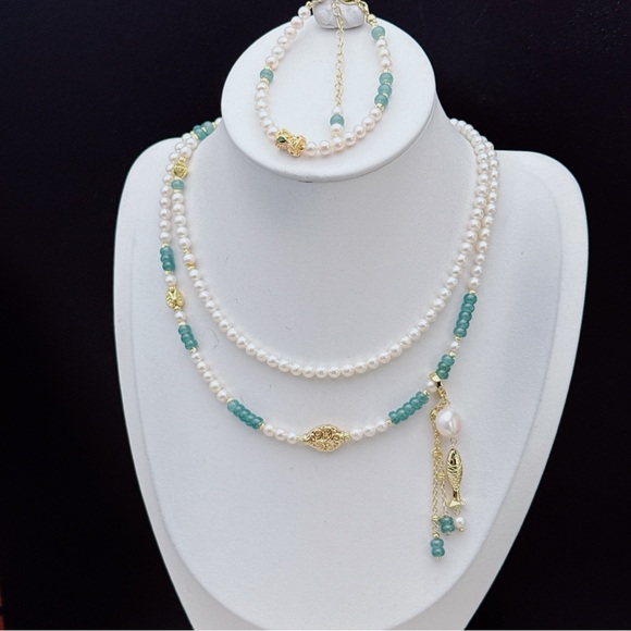 X668 Handmade High Quality Freshwater Pearl Jade Long Necklace and Bracelet Set - Picture 10 of 11